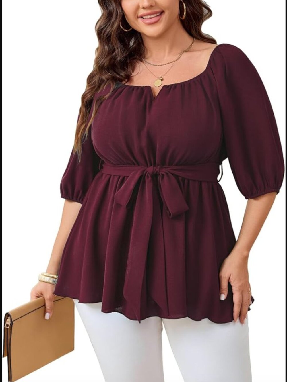 Women Plus Size 1X Square Neck Peplum Blouse Dressy Tops 3/4 Puff Sleeve Empire